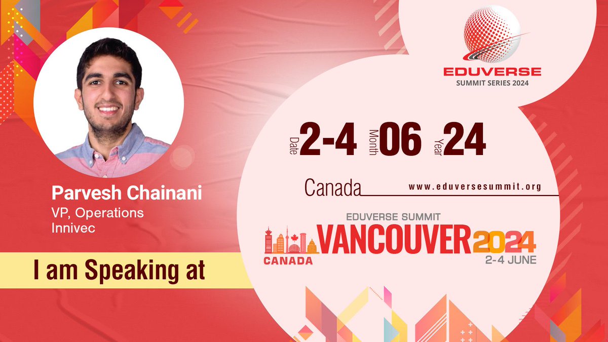We are excited to announce Parvesh Chainani, VP, Operations, Innivec, as our speaker #EduverseSummitCanada2024

Join us at the  Vancouver Marriott Pinnacle Downtown Hotel to hear Parvesh's insights!

Register here - bit.ly/3IKn01E 

#EduverseSummit2024