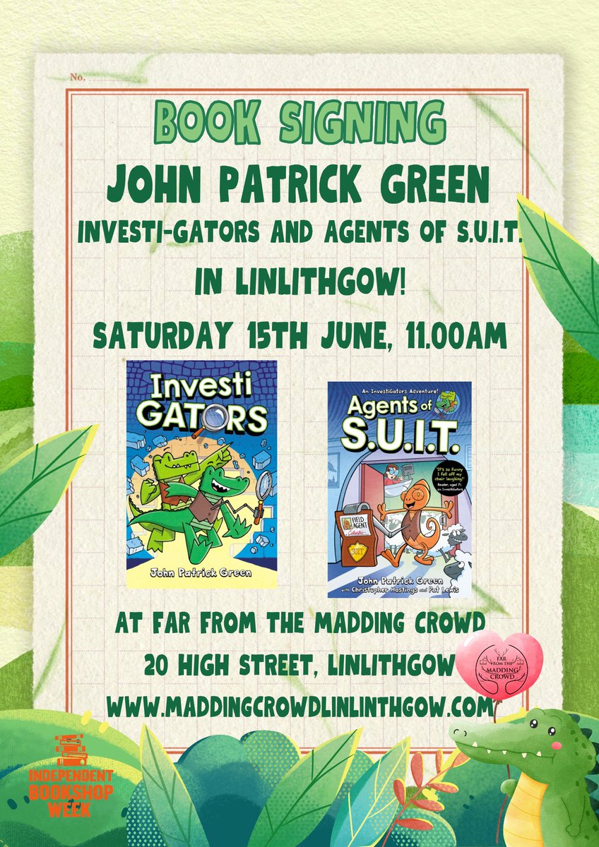 We are absolutely thrilled to be bookending #IndependentBookshopWeek this year with two fantastic signings! First up, on the 15th of June, we have @johngreenart, author of InvestiGators and Agents of S.U.I.T., coming to visit!