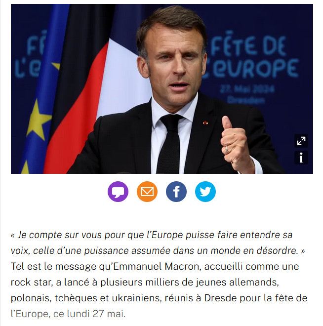 wwpresent's tweet image. Acclamé par des milliers de jeunes à Dresde en Allemagne, le président français a  prononcé un vibrant discours sur l’Europe. Emmanuel Macron a appelé à bâtir  une Union plus souveraine et à préserver la démocratie, menacée par les  partis extrémistes. [La Croix]