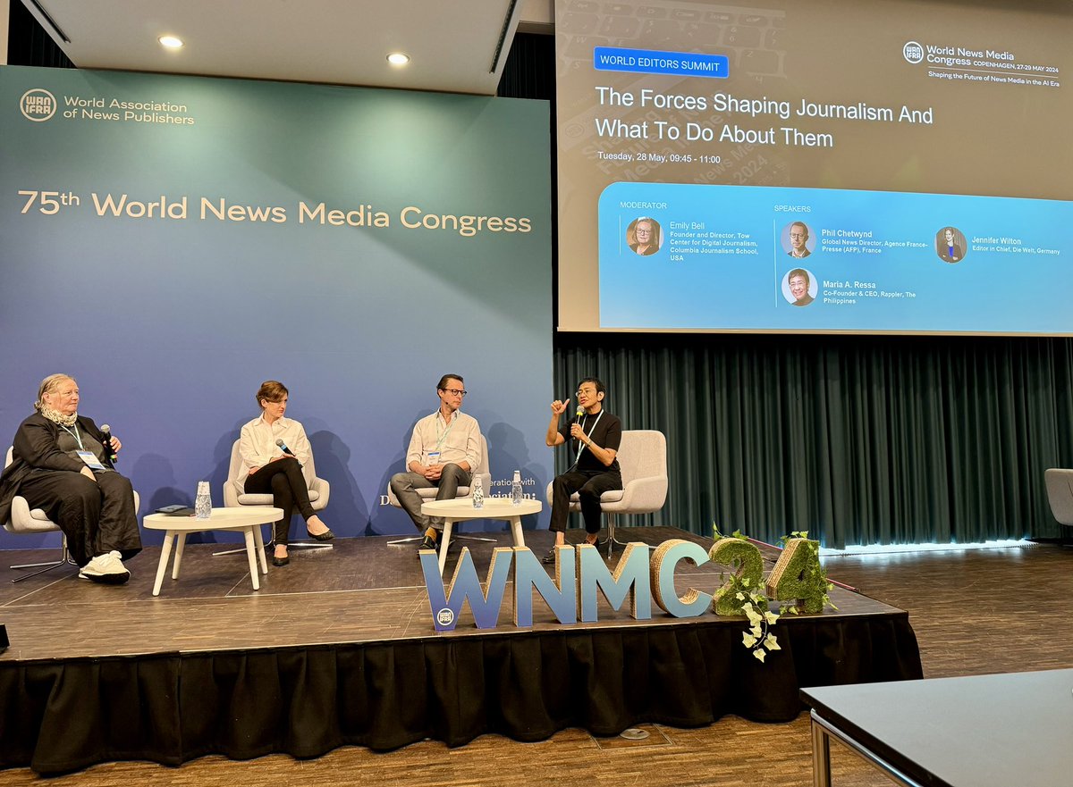 On AI Actors & journalism @mariaressa told the #WNMC24: “They are killing our world and turning it upside down for profit.” Technology doesn’t care about quality, about ethics, about facts… We don’t have to swim in that ocean - we can actually recreate it.”