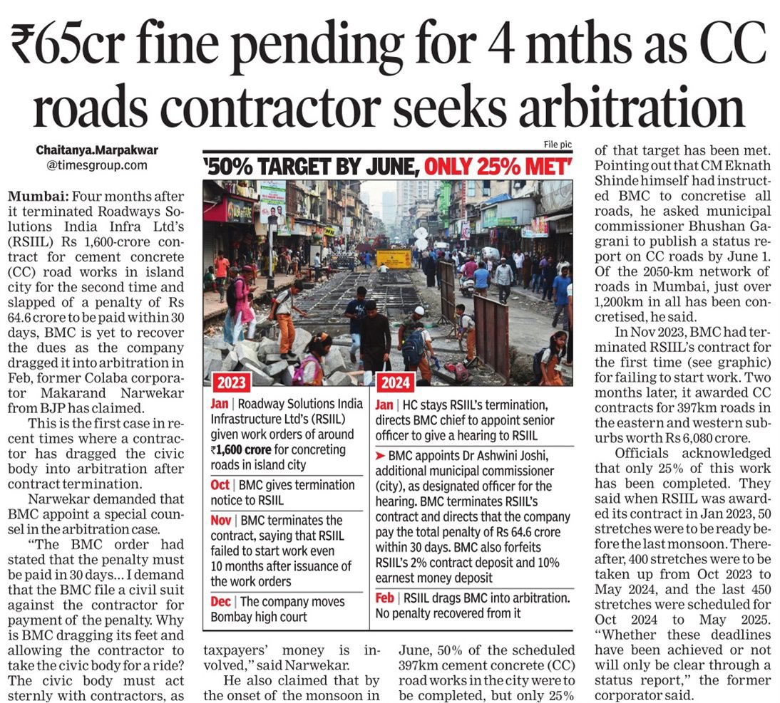 The news. In the same paper. Basically the contractors don’t care a penny, when they have the blessings of the bjp- Mindhe corrupt regime. Fines are imposed on paper. Contractors don’t pay. Life goes on. The contractors should have been blacklisted and jailed by now.