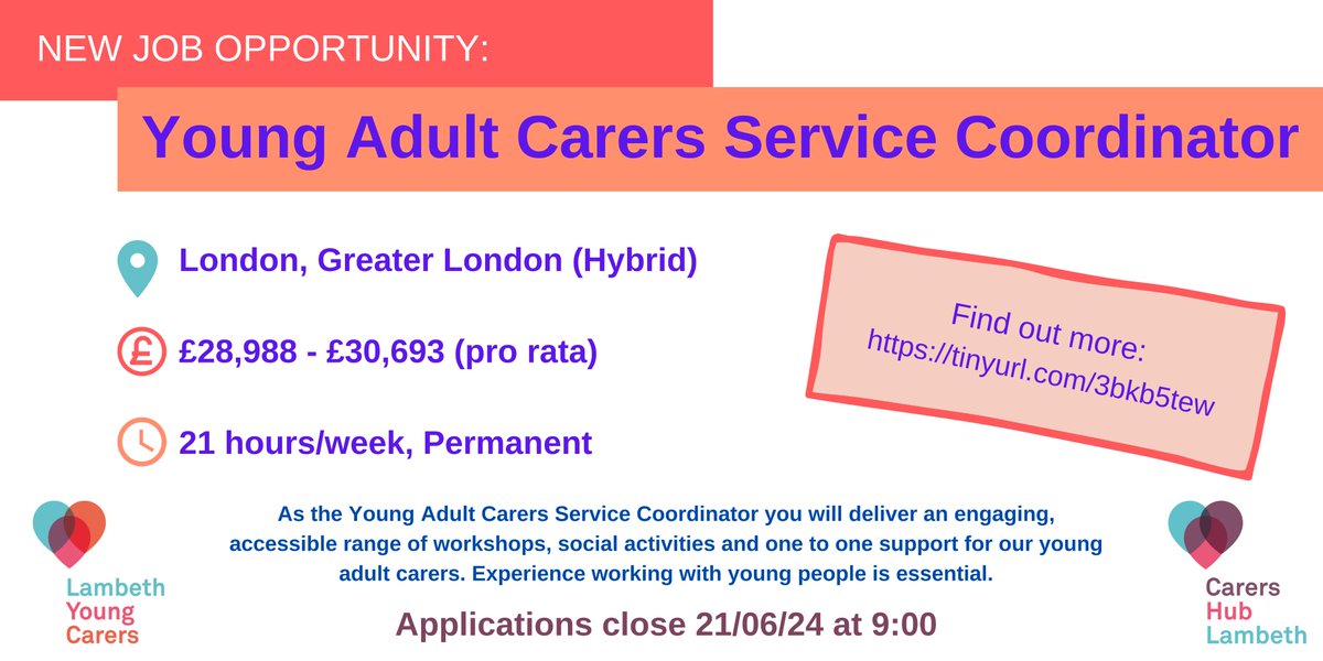 Do you have experience working with Young People? Do you want to help Lambeth’s Carers? You may be interested in our Young Adult Carers Service Coordinator role! Visit tinyurl.com/3bkb5tew to learn more and apply. Closes 21/06 @SELondonICS @lambeth_council @LambethTogether