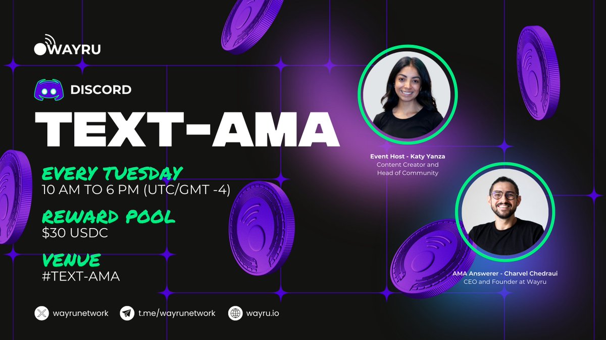 It’s #TextAMA Tuesday Time on Discord!

✅ Here’s the plan:
1️⃣ Submit your question in the #text-ama channel until ⏳ 6 p.m. (UTC/GMT -4)
2️⃣ Our CEO 🧢 will go through all questions and respond the next day.
3️⃣ The 3 most engaging questions will earn 💰 $10 USDC each, paid via