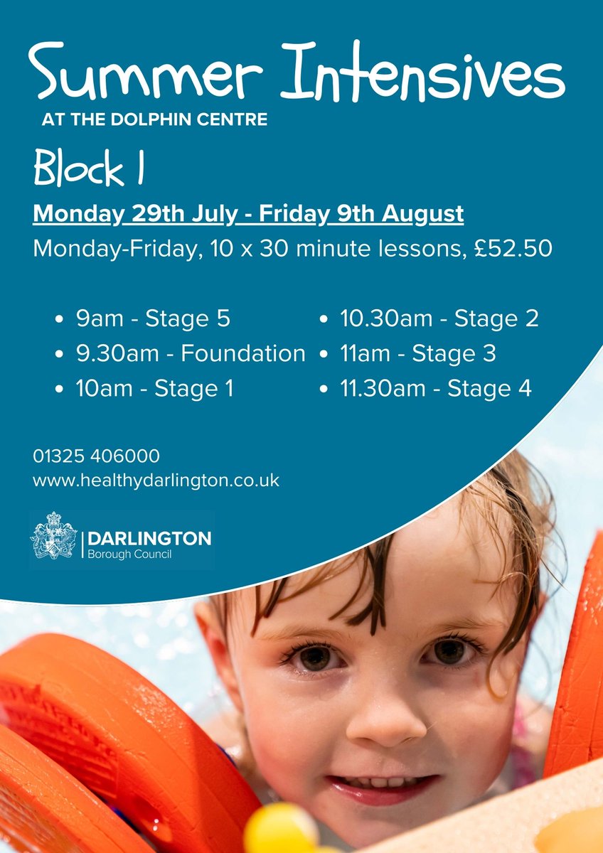 Summer Swimming Intensives Lessons at The Dolphin Centre.  Monday July 29th - 9th August & Monday 12th July  - Friday 23rd August. Stages Foundation - 5 available. 
Call 01325 406000 to book or for more details. 
@darlingtonbc  #lovedarlo