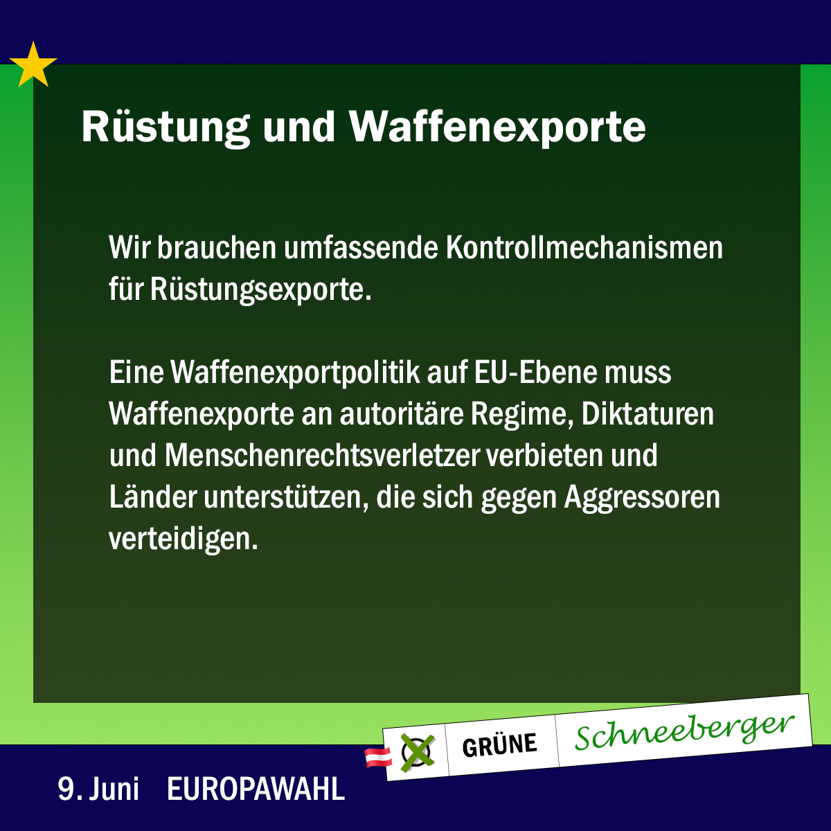 Rüstung und Waffenexporte

Wir brauchen umfassende Kontrollmechanismen für Rüstungsexporte.

Eine Waffenexportpolitik auf EU-Ebene muss Waffenexporte an autoritäre Regime, Diktaturen und Menschenrechtsverletzer verbieten und Länder unterstützen, die sich gegen Aggressoren