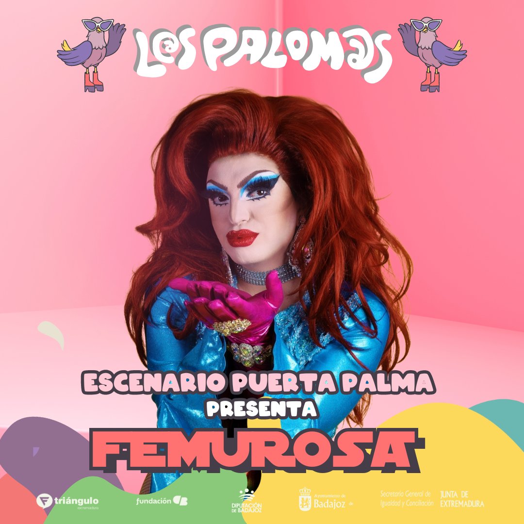 palomosbadajoz's tweet photo. @MariaPelaeMusic @marlenaoficial En el escenario Puerta Palma habrá fiestón 🎉 presentado por @femurosa_  🐦🏳️‍🌈

 #LosPalomos #LosPalomos2024 #Contruyendoespaciosseguros #LGBT #LGBTI #diversidad #familiaslgtbi #FiestaDeInterésTurísticoRegional #Badajoz #Extremadura https://t.co/u7Yx8mZFc2