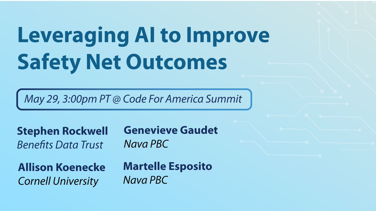 Benefits Data Trust (@benedatatrust) on Twitter photo Join BDT’s @stephenrockwell, @navapbc, & <a href="/allisonkoe/">Allison Koenecke</a> for a #CfASummit session on #AI and the social safety net. Learn about a pilot-in-progress for AI opportunities that can improve programs like #SNAP, what we’re learning, & key ethical considerations. summit.codeforamerica.org/agenda/ Join BDT’s @stephenrockwell, @navapbc, & <a href="/allisonkoe/">Allison Koenecke</a> for a #CfASummit session on #AI and the social safety net. Learn about a pilot-in-progress for AI opportunities that can improve programs like #SNAP, what we’re learning, & key ethical considerations. summit.codeforamerica.org/agenda/
