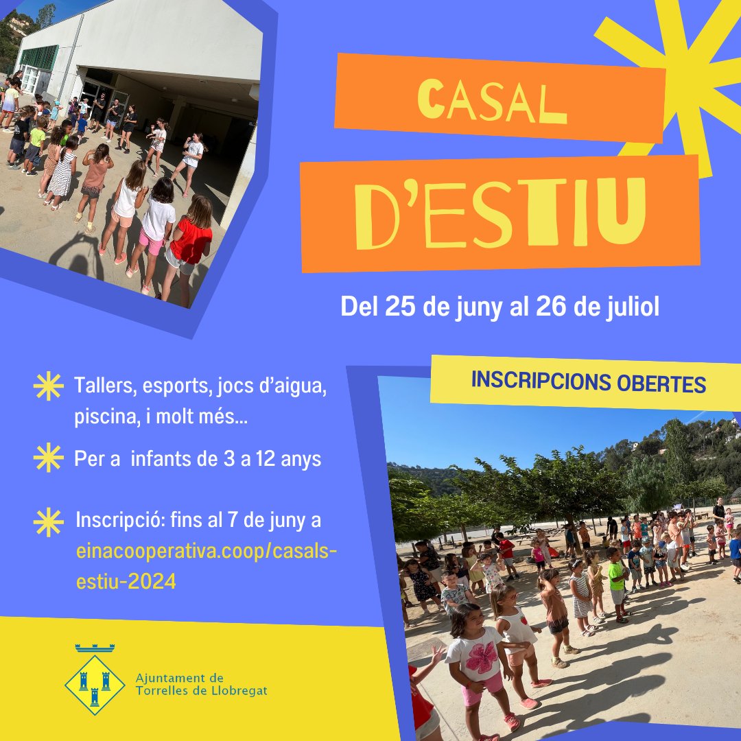 🤸‍♀️Gaudiu de les vacances escolars al Casal d'Estiu de Torrelles!

🏊‍♂️L'Ajuntament ha arribat a un acord amb municipis del voltant per garantir que els infants del casal puguin anar els dilluns i els dijous a la piscina. 

❗️El termini d'inscripció finalitza el dia 7 de juny.