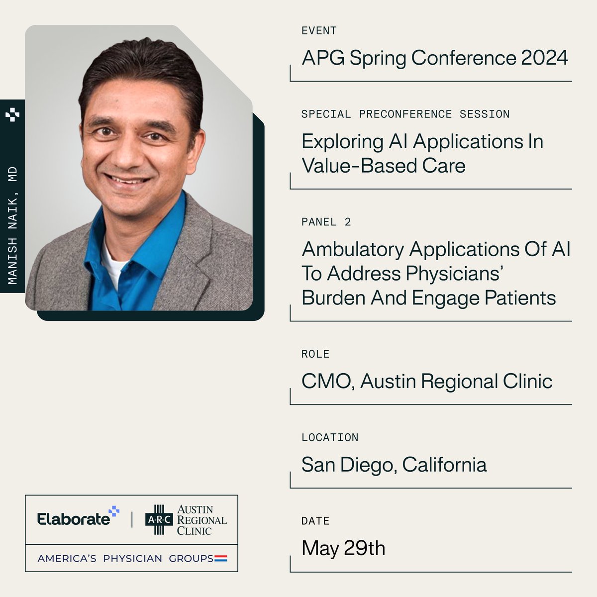 Are you attending the <a href="/AmerPhysGrps/">America's Physician Groups</a> Spring Conference starting tomorrow?

One of our #health system partners, ARC, will present an Elaborate case study during the '#AI in Value-Based Care' panel on May 29th. Don't miss out!

Elaborate will be at Booth #510. Be sure to stop by!