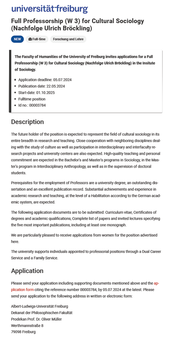 📢📢📢Cultural Sociologists, this one is for you! Full professorship at the Institute of Sociology @UniFreiburg now open! Application deadline July 5. Apply, spread the word & join our interdisciplinary and fun team in Germany's sunniest city! #SocTwitter uni-freiburg.de/university/job…