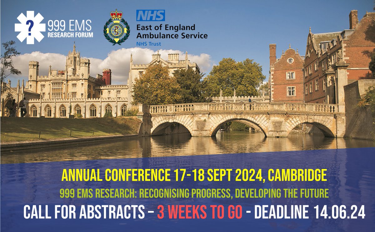 Just under three weeks left to submit your #abstracts for the '999 EMS Research: recognising progress, developing the future' annual conference. Online form and guidance at: forms.office.com/Pages/Response… @EEAST_research @PRIMECentre