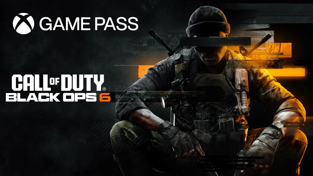 An operator sits on the right side of the image with black and orange lines around them. The "Xbox Game Pass" Logo is placed in the top left corner, with the text "Call of Duty: Black Ops 6".