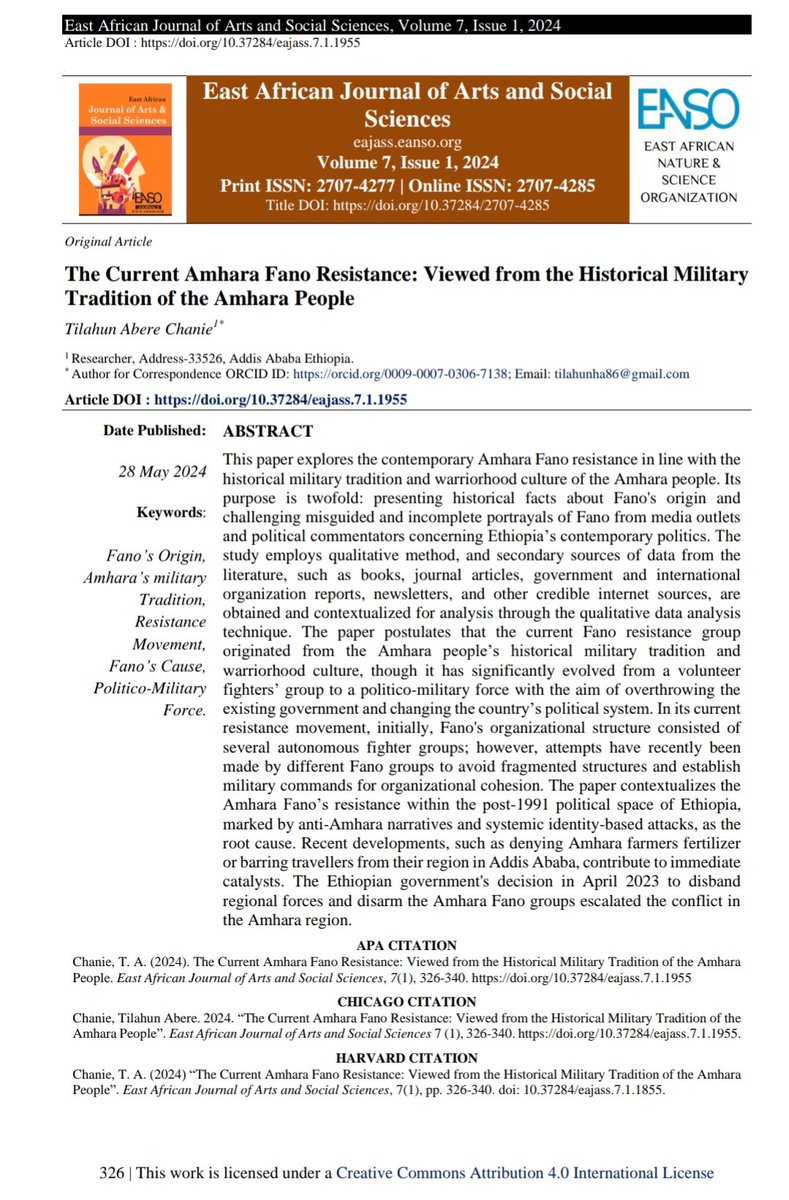 🙋
Excited that my article titled 'The Current Amhara Fano Resistance: Viewed from the Historical Military Tradition of the Amhara People' is published by the East African Journal of Arts and Social Sciences. 🤗 Access it next to the references section. 👇
doi.org/10.37284/eajas…