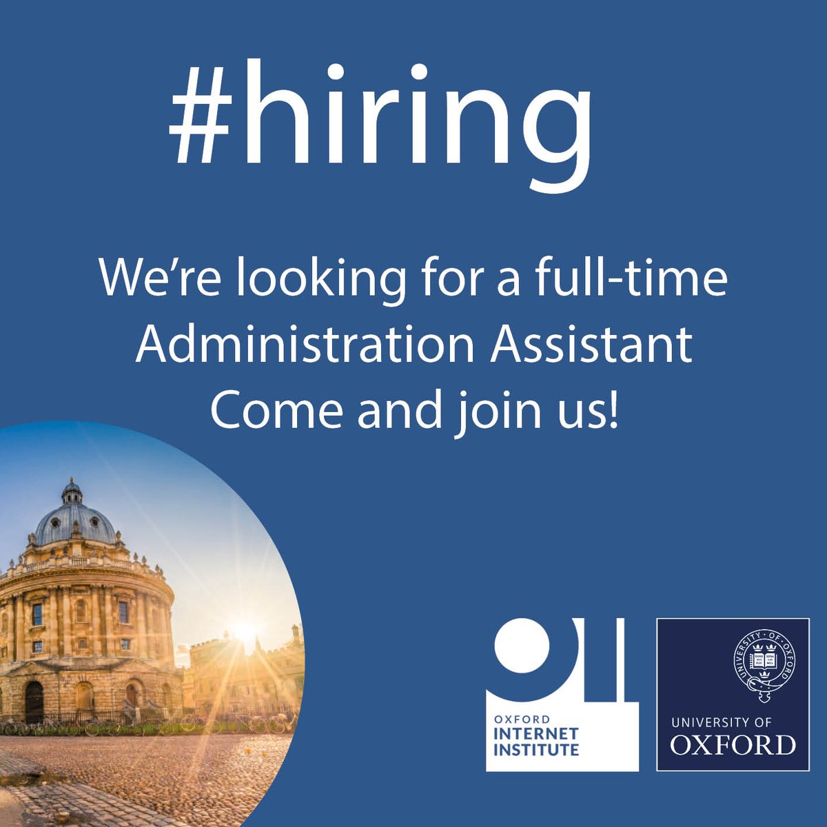 We’re hiring! An exciting opportunity to join the professional services team at @oiioxford as our Administration Assistant. Ideal role for someone with experience in @UniofOxford administration. Closing date midday, 10 June. Apply today! #hiring bit.ly/3FzMBXG