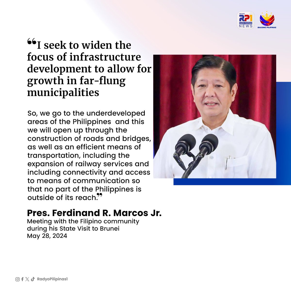 Tiniyak ni Pangulong Ferdinand R. Marcos Jr. na aabutin ng pamahalaan ang malalayo at liblib na munisipalidad sa Pilipinas upang magtayo ng mga imprastrakturang pang-transportasyon at pang-komunikasyon. #RP1News #RadyoPilipinas #BagongPilipinas #PBBM