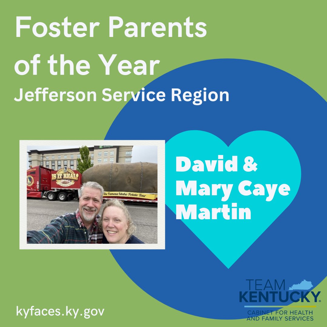 Congrats to David and Mary Caye Martin, Jefferson Service District Foster Parents of the Year! The couple serves as powerful advocates for the children in their care. Read more about the Martins: tinyurl.com/2724hrks Be a foster parent! Visit kyfaces.ky.gov.