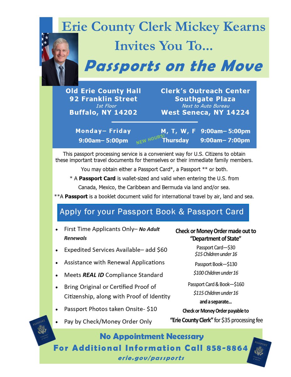 The @ErieCountyClerk's Office & Outreach Center accepts first-time #Passport applications. 

Our Outreach Center in @SouthgatePlaza
is open every Thursday till 7pm.  No appointment required. 

#DYK a Passport Book/Card meets the May 7, 2025 #REALID standard?

#TravelTuesday