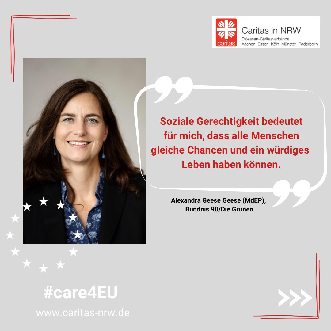 🇪🇺𝐖𝐚𝐬  𝐛𝐞𝐝𝐞𝐮𝐭𝐞𝐭 𝐬𝐨𝐳𝐢𝐚𝐥𝐞 𝐆𝐞𝐫𝐞𝐜𝐡𝐭𝐢𝐠𝐤𝐞𝐢𝐭 𝐟ü𝐫  𝐒𝐢𝐞? Diese Frage stellen wir gerade den Politiker_innen, die bei dem  Online-Polit-Talk der #caritasinnrw zur Europawahl zu Gast sind.🇪🇺 #care4eu <a href="/AlexandraGeese/">Alexandra Geese</a>
