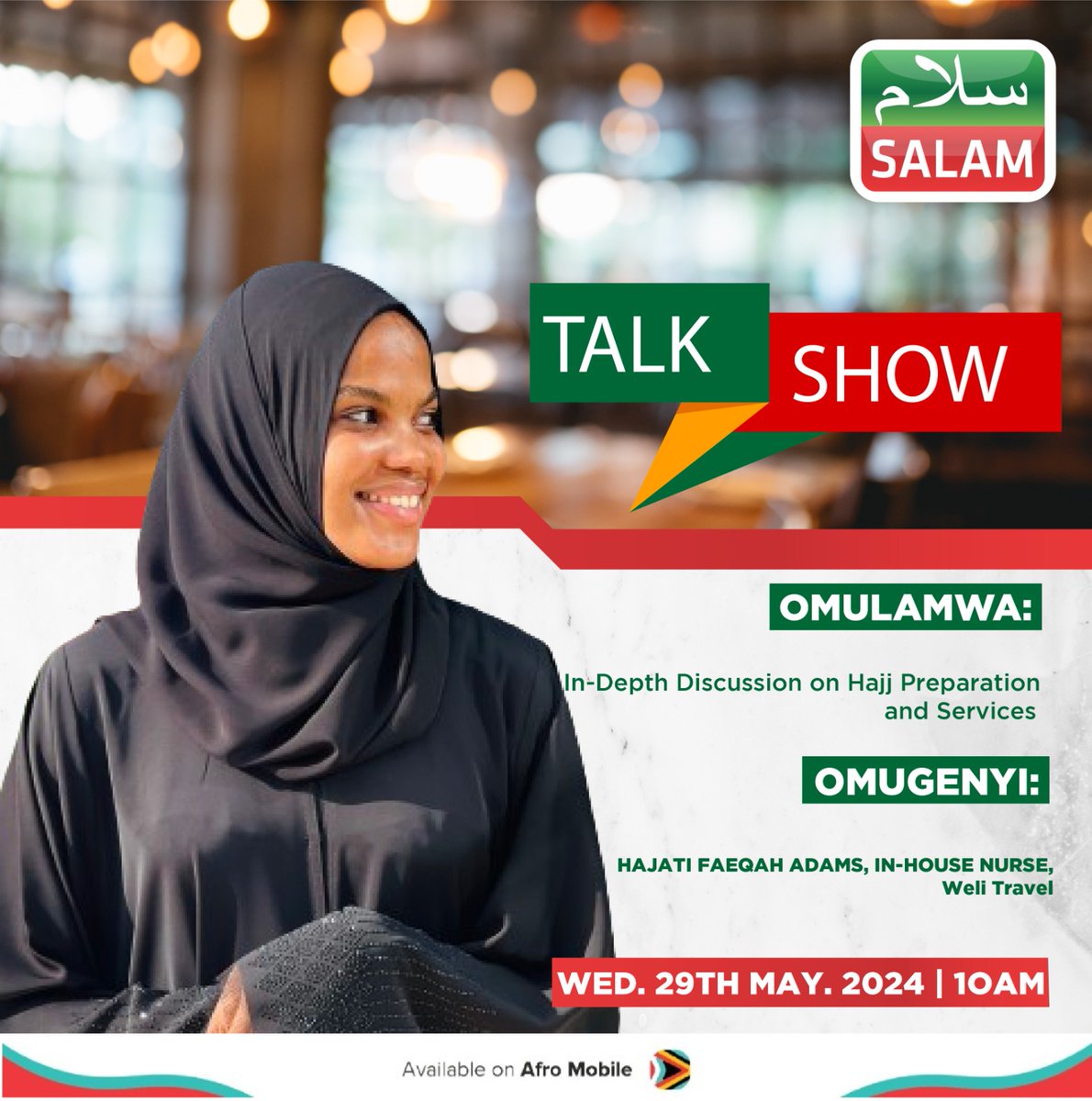 Tune in to @SalamTvUG tomorrow at 10 am for #SalamBreakfastMeeting with Sheikh Didat Kakooza, Head of Hajj & Umrah at Weli Travel, & Hajati Faeqah Adams, In-House Nurse at @welitravel, for a discussion on Hajj preparation and services. #SalamUpdates