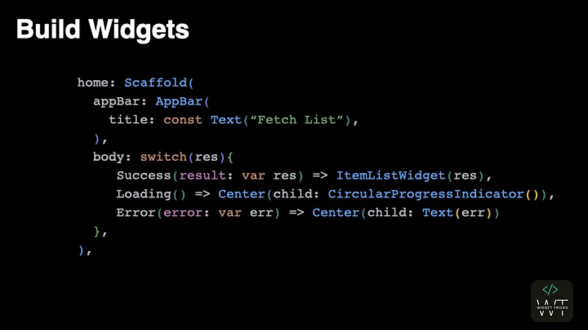 burhanrashid52's tweet image. #FlutterTip You can wrap all your async state, whether it be an API or database call, in a ResultState sealed class and use pattern matching to build widgets based on those states.