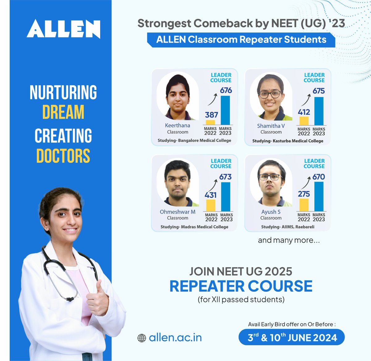 💪 Are you ready to make a strong comeback and crack #NEETUG in your next attempt?

📢 Join ALLEN's #NEETUG2025 Repeater Course and be a part of the success story.

📌 Also Avail early bird offer 

 #ALLENSouthIndia #MedicalAspirants #EarlyBirdOffer #DreamBig #ALLENTamilNadu