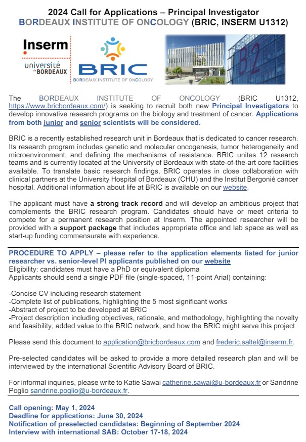 Vous êtes chercheur INSERM ou souhaitez passer le concours, vous avez envie de travailler sur les thématiques de recherche « infection et cancer » ou « cellules souches cancéreuses » ? l’équipe 4 du BRIC à Bordeaux recrute :