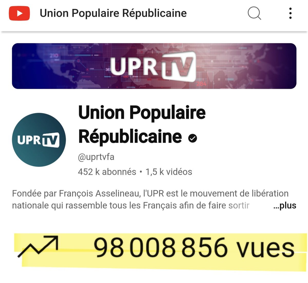 📈 𝗡𝗼𝘁𝗿𝗲 𝗰𝗵𝗮𝗶̂𝗻𝗲 𝗨𝗣𝗥-𝗧𝗩 𝘀𝘂𝗿 𝗬𝗼𝘂𝗧𝘂𝗯𝗲 𝘃𝗶𝗲𝗻𝘁 𝗱𝗲 𝗱𝗲́𝗽𝗮𝘀𝘀𝗲𝗿 𝗹𝗲𝘀 𝟵𝟴 𝗠𝗜𝗟𝗟𝗜𝗢𝗡𝗦 𝗗𝗘 𝗩𝗨𝗘𝗦 𝗖𝗨𝗠𝗨𝗟𝗘́𝗘𝗦 S'abonner est simple, gratuit, anonyme et immédiat : il suffit de cliquer sur la touche 's'abonner' m.youtube.com/@uprtvfa?noapp…