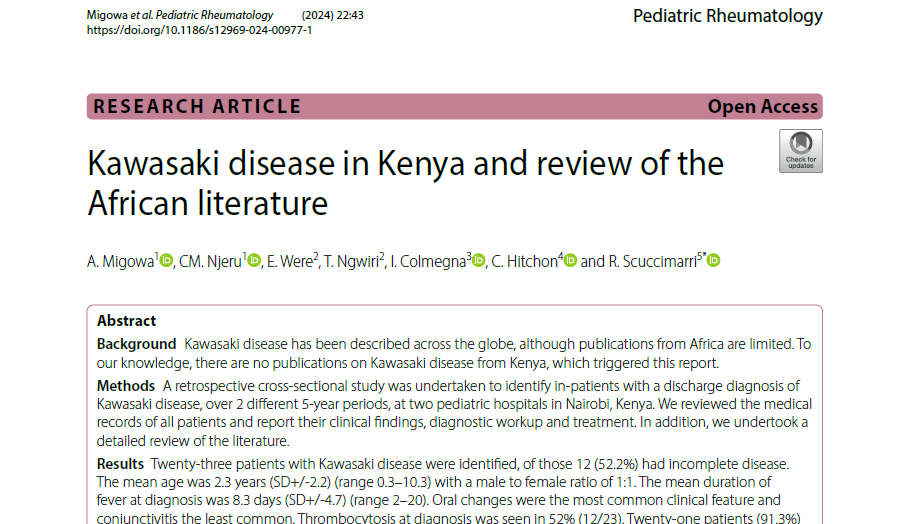 Humbled and Honored to have worked alongside my colleagues in demystifying the life threatening Kawasaki Disease in Kenya and across the entire African Continent @Kenyapaeds @paflar @HopeArthritis @MOH_Kenya @RwandaHealth @Ministry #AdvocacyInAfrica ped-rheum.biomedcentral.com/articles/10.11…