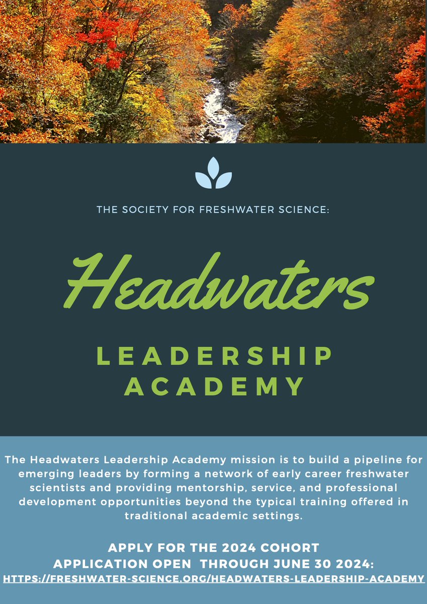 The SFS Headwaters Leadership Academy is now accepting applications for its 2024 cohort! This program teaches early career scientists about non-research skills like running a lab &amp; budgeting and provides networking opportunities. Applications due June 30: freshwater-science.org/headwaters-lea…