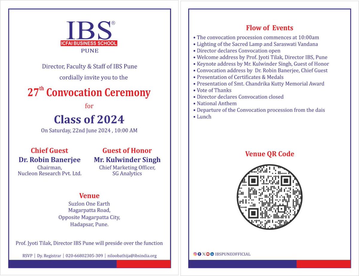 IBS Pune cordially invites the Class of 2024 to the 27th Convocation Ceremony on Saturday, June 22, 2024.

#Convocation2024 #Classof2024 #GraduationDay #CelebrateSuccess #NextChaptet #IBS #IBSPune #MBA