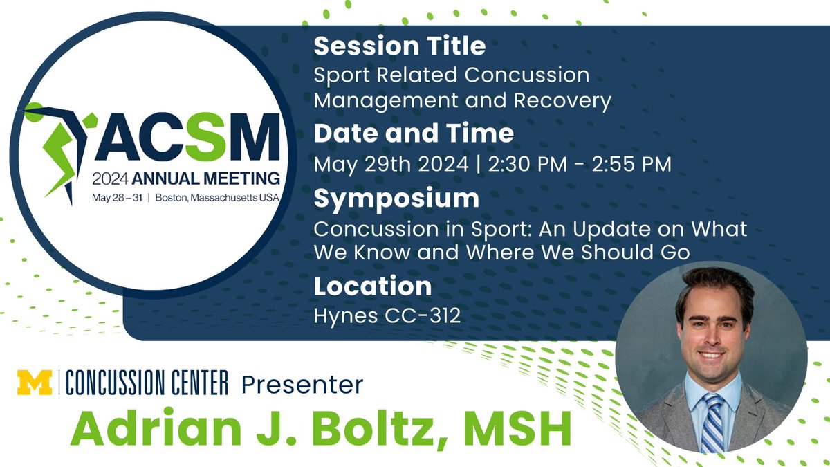 Michigan Concussion Center (@umichconcussion) on Twitter photo The Concussion in Sport: An Update on What We Know & Where We Should Go Symposium at the #ACSM24 Conference continues with Adrian Boltz (<a href="/aboltzster/">Adrian Boltz</a>) presenting insights on Sport Related Concussion Management and Recovery.
Find more information below:
abstractsonline.com/pp8/#!/20101/s… The Concussion in Sport: An Update on What We Know & Where We Should Go Symposium at the #ACSM24 Conference continues with Adrian Boltz (<a href="/aboltzster/">Adrian Boltz</a>) presenting insights on Sport Related Concussion Management and Recovery.
Find more information below:
abstractsonline.com/pp8/#!/20101/s…