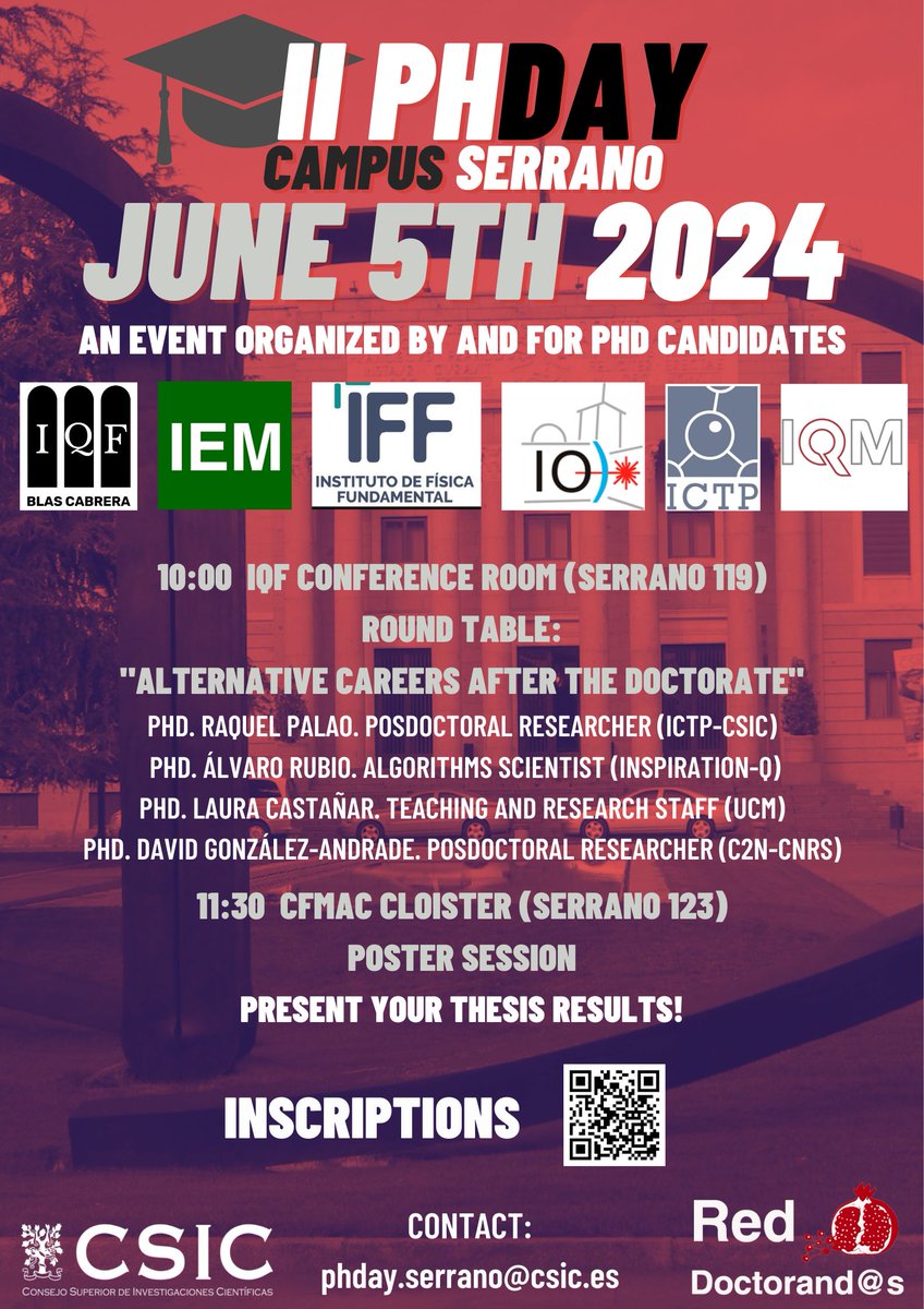 El próximo 5 de junio estaremos compartiendo conocimientos y experiencia en el II PhDay del Campus Serrano <a href="/ictp_promocion/">ICTP-CSIC</a> <a href="/iqf_csic/">IQF-CSIC</a> <a href="/iff_csic/">IFF_CSIC</a> <a href="/iqf_csic/">IQF-CSIC</a> <a href="/IQM_CSIC/">IQM_CSIC</a> <a href="/IEM_CSIC/">IEM-CSIC</a>