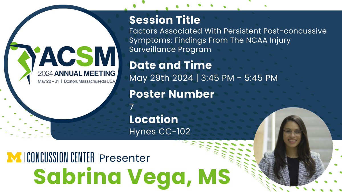 Michigan Concussion Center (@umichconcussion) on Twitter photo Wednesday afternoon from 3:45-5:45 PM at the #ACSM24 Conference, <a href="/SabrinaVega95/">Sabrina Vega</a> presents on Factors Associated With Persistent Post-concussive Symptoms: Findings From The NCAA Injury Surveillance Program.
Find more information below:
abstractsonline.com/pp8/#!/20101/p… Wednesday afternoon from 3:45-5:45 PM at the #ACSM24 Conference, <a href="/SabrinaVega95/">Sabrina Vega</a> presents on Factors Associated With Persistent Post-concussive Symptoms: Findings From The NCAA Injury Surveillance Program.
Find more information below:
abstractsonline.com/pp8/#!/20101/p…