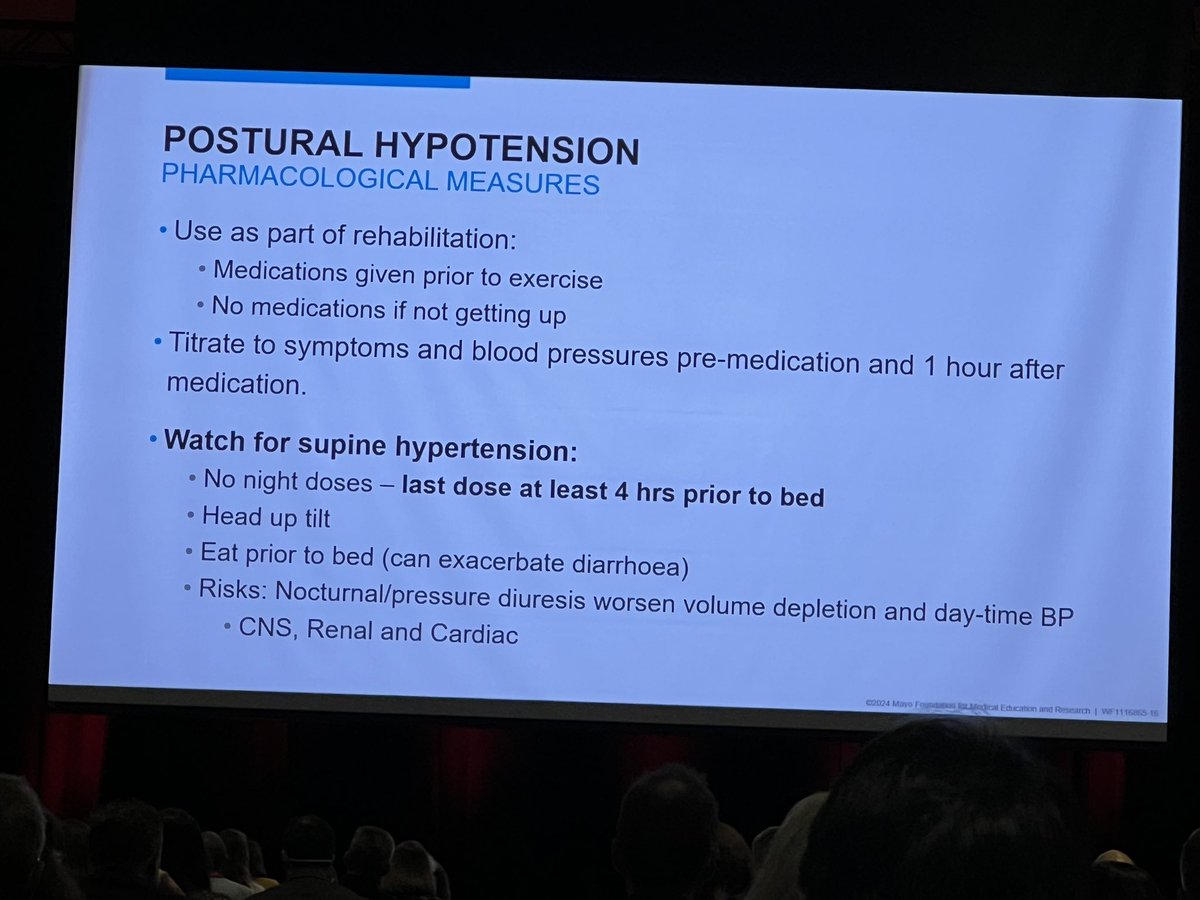 We often struggle with postural hypotension in our #amyloid patients. Dr. Carroll gives us clinical pearls #ISA_2024 Why do we worry about supine HTN? —> can worsen nocturnal diuresis and⬇️ daytime BP 🔑 Keep head up during sleep 🔑 Eat prior to bed 🔑 No meds 4 hrs prior to 🛌