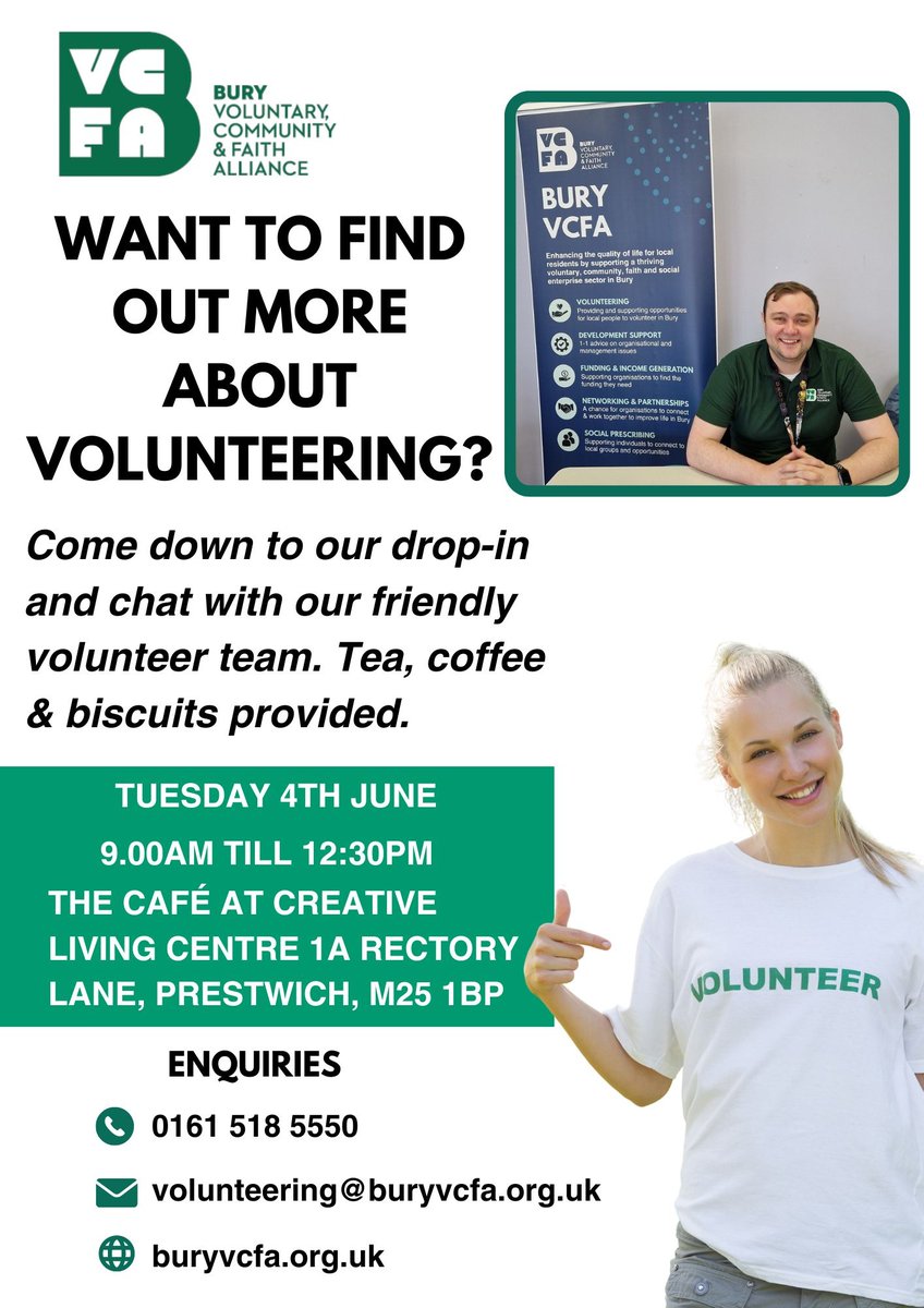 Discover Volunteering Opportunities! 👏 Want to learn more about volunteering? Come to our drop-in & chat with our volunteer team about roles across Prestwich & Bury. Tue 4 June, 9:00am - 12:30pm at The Café at Creative Living Centre ✨ #Volunteering #BetterBury