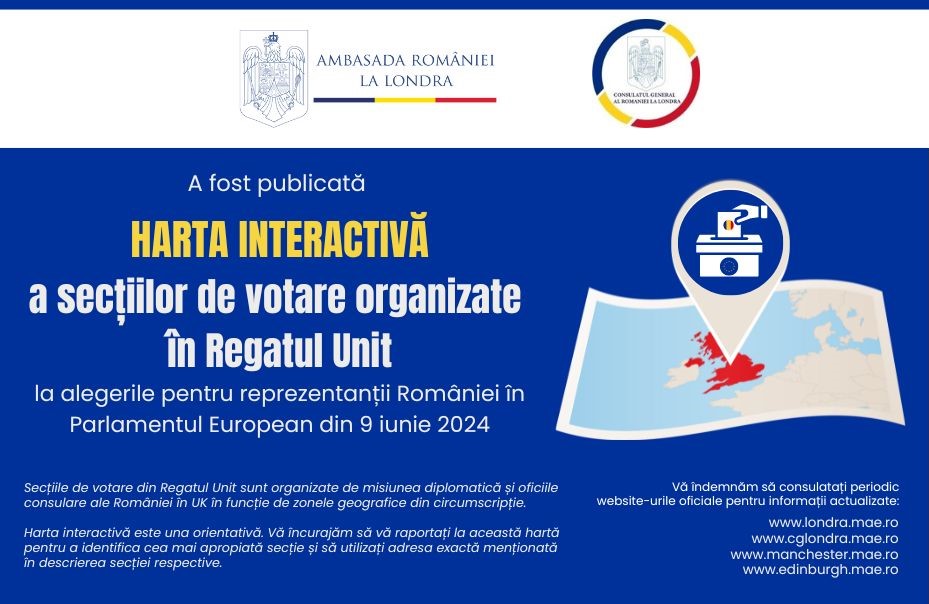 ℹ️Harta interactivă a celor 104 secții de votare organizate în Regatul Unit la alegerile pentru reprezentanții României în Parlamentul European din 9 iunie 2024 este disponibilă la următorul link: google.com/maps/d/viewer?… 
➡️Pentru informații actualizate: londra.mae.ro/node/2563