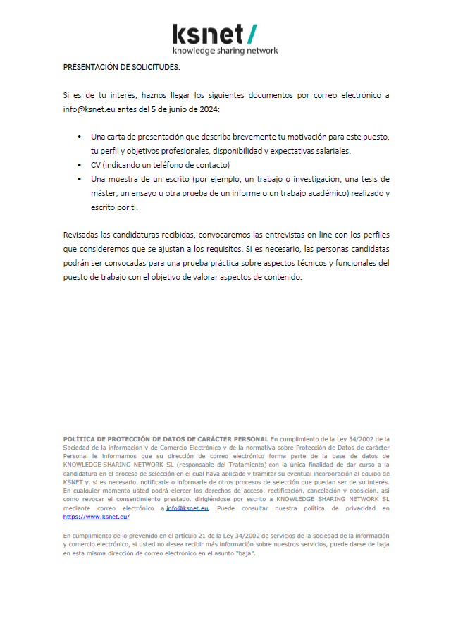 🚀¡Oportunidad laboral en  <a href="/KSNET_/">KSNET</a> !
Buscamos Responsable de Proyectos e Investigador/a en Ciencias Económicas, Sociales o Políticas

📬Aplica ya: Envía CV, carta de presentación y muestra de trabajo a info@ksnet.eu antes del 5/06/2024

ℹ️ Más información en las imágenes adjuntas