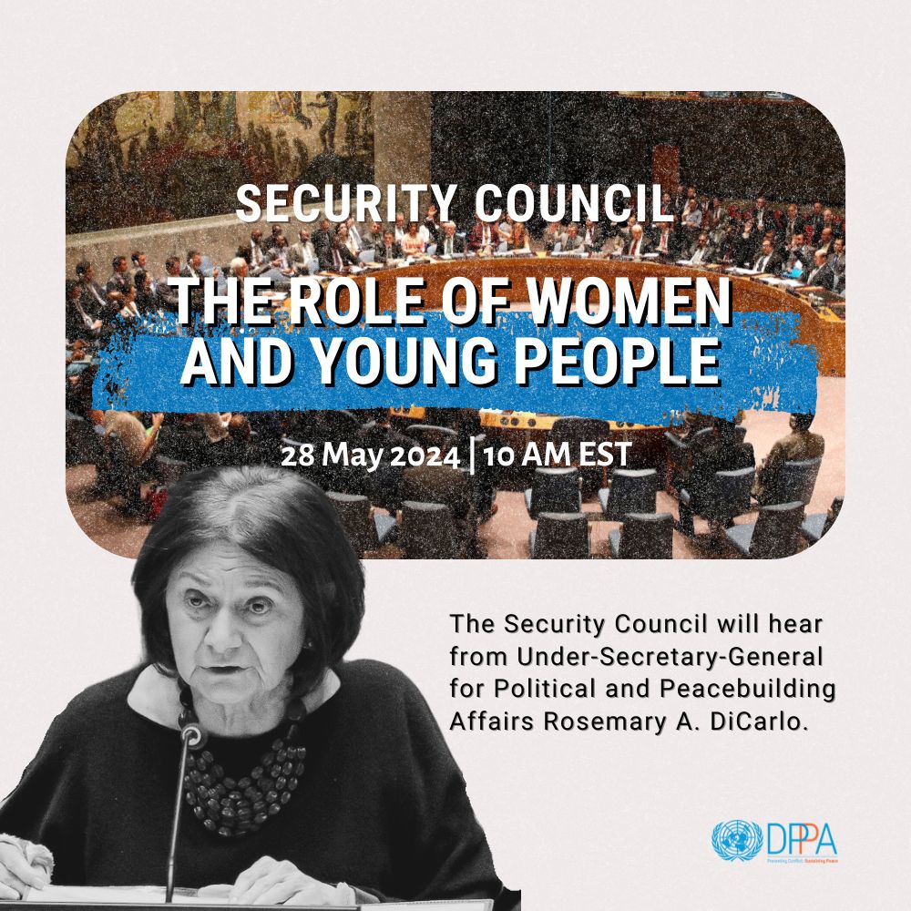 This morning, the Security Council will hold a debate on 'Maintenance of international peace and security: the role of women and young people'. Under-Secretary-General @DicarloRosemary will brief. Follow the meeting live from 10AM EST @UNWebTV: webtv.un.org/en/asset/k1g/k…