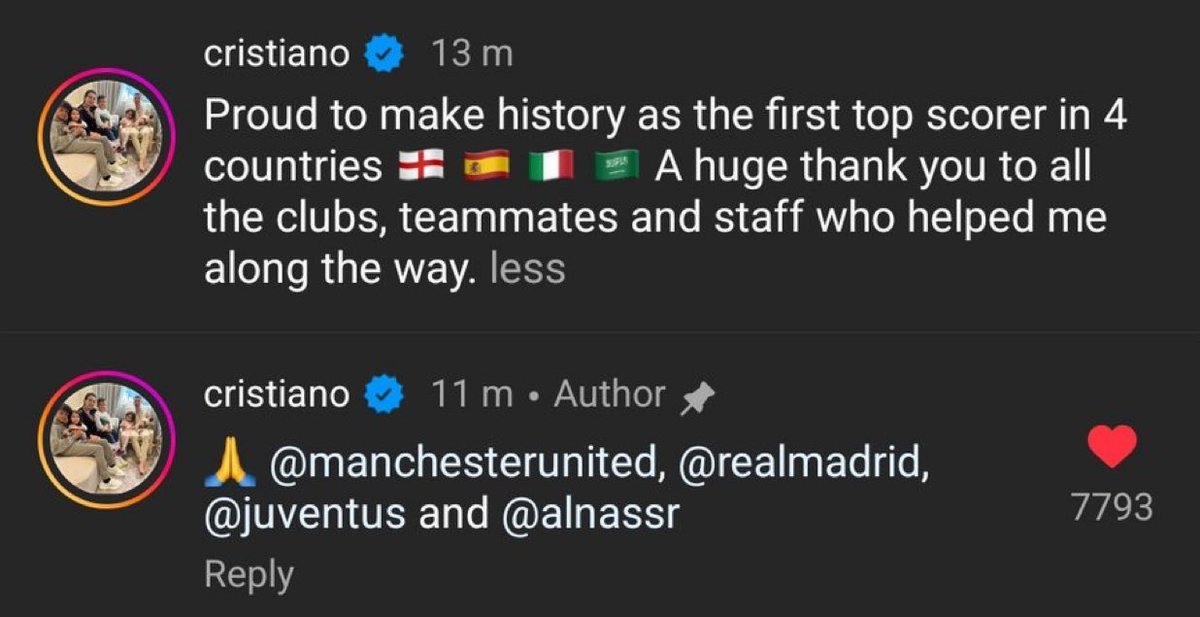 Cristiano Ronaldo agradece a el Real Madrid, el Manchester United y la Juventus en Instagram por ayudarlo a ser el máximo goleador en varias ligas.