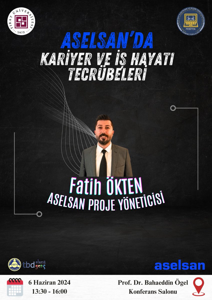 febitekk's tweet photo. Merhaba arkadaşlar.FEBİTEK olarak 6 Haziran'da Aselsan Proje Yöneticisi Fatih Ökten'i okulumuzda ağırlıyoruz. Kendi kariyeri ve Aselsan'daki iş tecrübelerinden bahsedecek. Akabinde kendisine sorularınızı da yöneltebileceğiniz, faydalı bir söyleşi olacaktır. Hepiniz davetlisiniz. https://t.co/weppo35HbM
