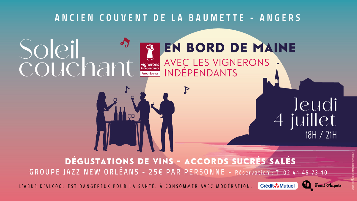 ☀️ Soleil couchant en bord de Maine avec les vignerons indépendants de l'Anjou et de Saumur !
📍 Le jeudi 4 juillet 2024 entre 18h et 21h dans l’ancien Couvent de la Baumette, place Albert Cheux à Angers.
👉 billetweb.fr/soleil-couchan…