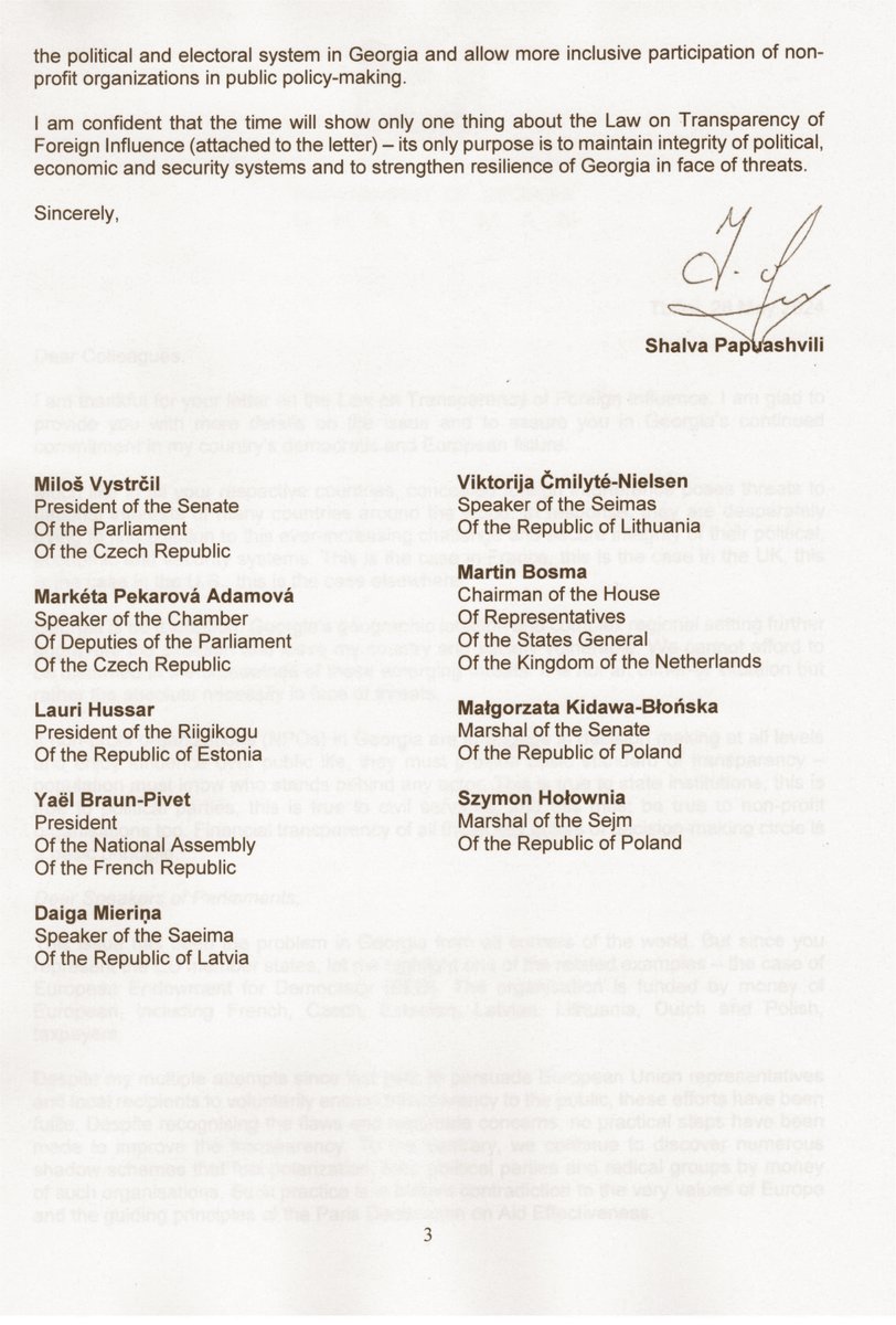 The response letter to the speakers of the Parliaments of the Czech Republic, Lithuania, Netherlands, Estonia, France, Latvia, and Poland Dear Colleagues, I am thankful for your letter on the Law on Transparency of Foreign Influence. I am glad to provide you with more details