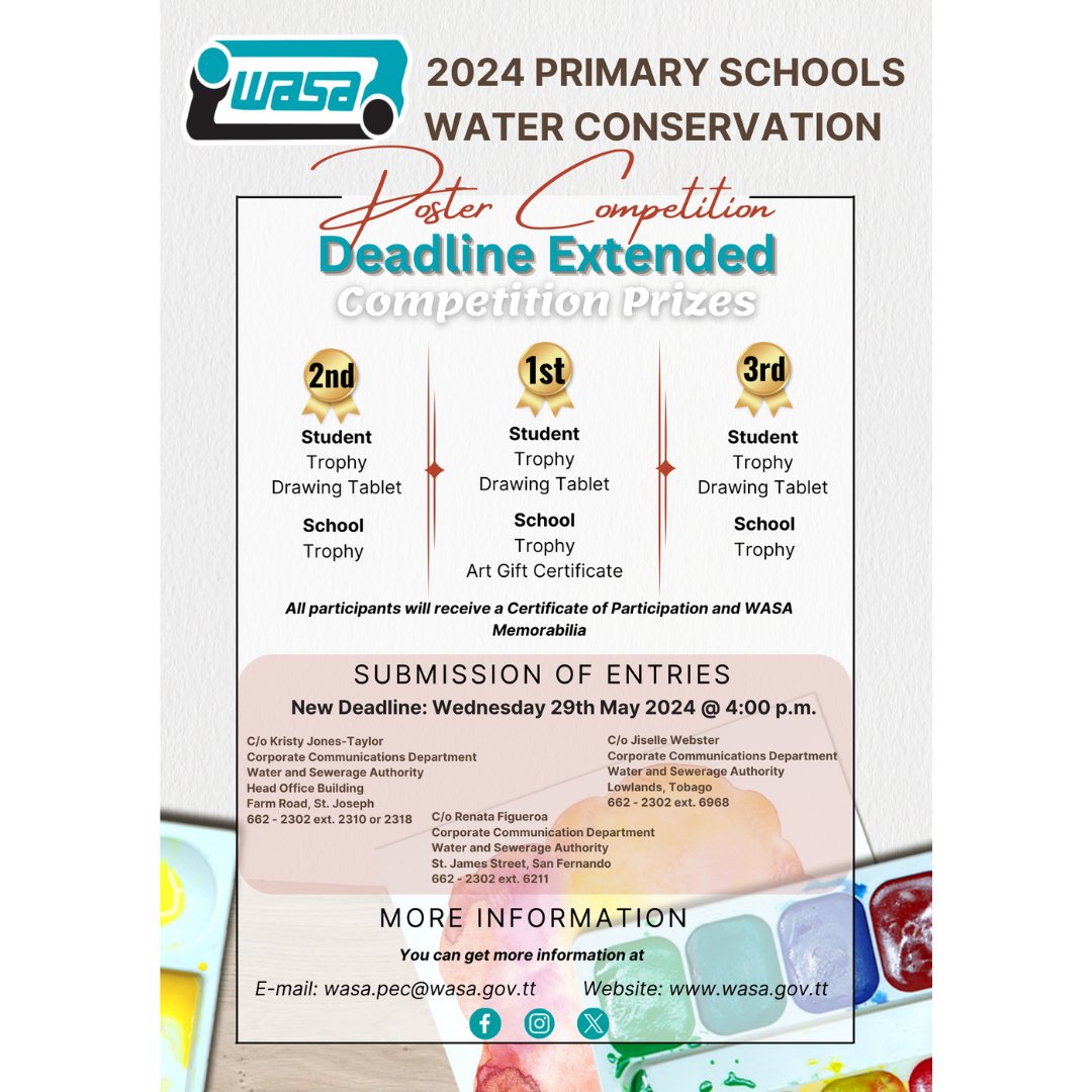 wasatnt's tweet photo. WASA's 2024 Primary Schools Water Conservation Poster Competition closes in one day! Participate and win!
#wasatnt #wasatntcompetitions #postercompetition #valueeverydrop https://t.co/hrfNNj1gSW