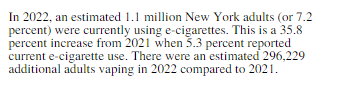 In 2022, more than 1 million New York ADULTS were using e-cigarettes... and we know that adults use flavored ones... the policies already put in place are why there are unregulated products because you ignore the adult data on e-cigarette use...