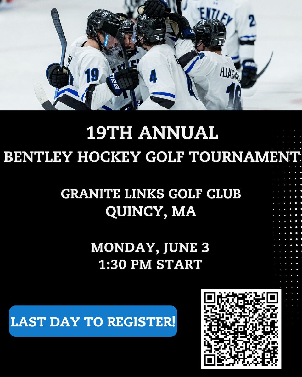 🚨 Last Day to Register for the Bentley Hockey Golf Tournament! Reserve your spot and join Bentley alumni and friends at Granite Links on June 3! Register at the link below or scan the QR code 🔗shorturl.at/6rPn3