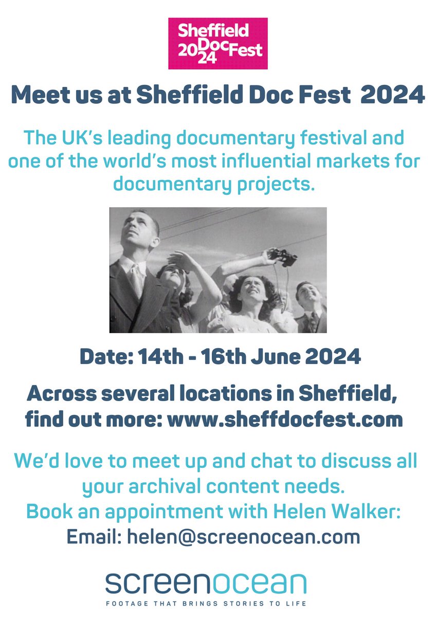 Screenocean's tweet photo. We're so excited and looking forward to @sheffdocfest, we'll be there 14th-16th June. We'd love to help with any archival projects, email Helen Walker to book a time slot in advance.
#documentaries #docfest #sheffield #docfest #footage #archival https://t.co/NxFRdY9Vvq