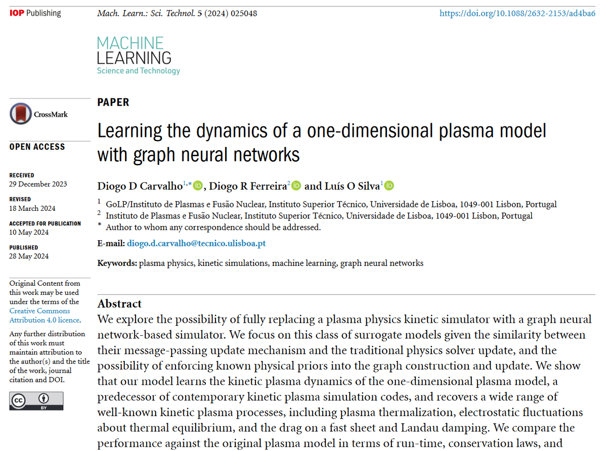 MLSTjournal's tweet photo. Great new work by @diogo4u @luis_os et al @golp_ipfn @IPFN_Lisbon @istecnico - 'Learning the dynamics of a one-dimensional #plasma model with graph #neuralnetworks' - https://t.co/LM4OrlM84e #machinelearning #graphs #dynamicalsystems #AI #compphys #simulation #fluids #plasmas https://t.co/Ur33yBq23X