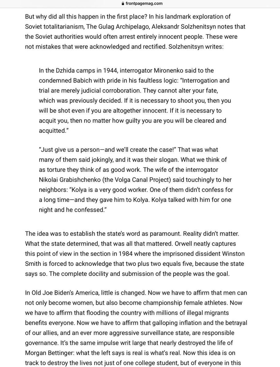 In his landmark exploration of Soviet totalitarianism, The Gulag Archipelago, Aleksandr Solzhenitsyn notes that the Soviet AUTHORITIES WOULD OFTEN ARREST ENTIRELY INNOCENT PEOPLE. These were not mistakes that were acknowledged and rectified. Solzhenitsyn writes: