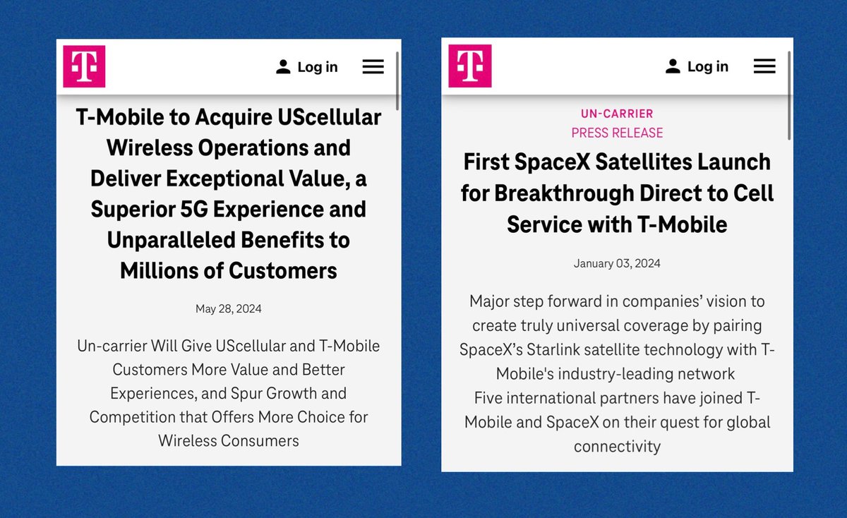 T-Mobile to acquire USCellular. T-Mobile pairing with SpaceX for direct to cell service. Seems there’s a shakeup coming in the cellular service network business model.