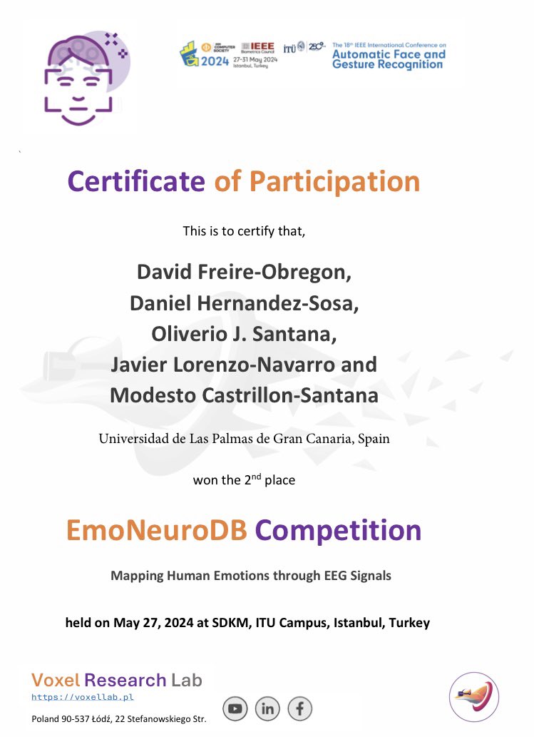 🎉 Thrilled to announce that we secured 2nd place at the #EmoNeuroDB competition during #FG2024! 🥈 A huge thanks to the organizers and our amazing team for their dedication and hard work. #IEEE